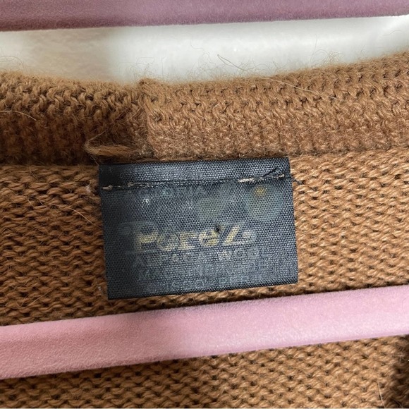 PEREZ Vintage Alpaca Hooded Sweater Aztec Trim Fringe Tan Camel {3D7} - Picture 3 of 4